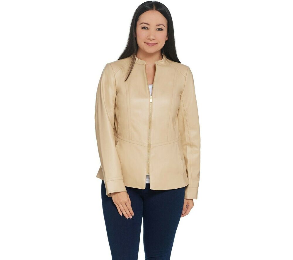 Studio by Denim & Co. Faux Leather Jacket Medium Zip Front Peplum Jacket NEW